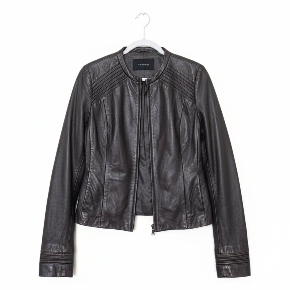 Tahari Dark Brown Genuine Leather Moto Jacket Women’s Medium – Zip Front - Picture 3 of 7